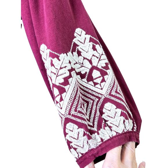 J. Crew Maroon Embroidered Tie Neck Tencel Cotton 3/4 Sleeve Tunic Top - Picture 6 of 8